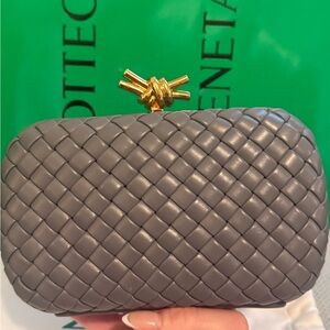 Bottega Veneta Taupe Woven Clutch with Gold Knot